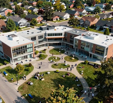 An aerial view of a vibrant community center in a North American city suburb, featuring modern architecture and integrated green spaces where people are gathering.