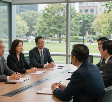A candid shot of collaborative strategy session among North American leaders in a sun-drenched, glass-walled conference room with views of a green urban park.