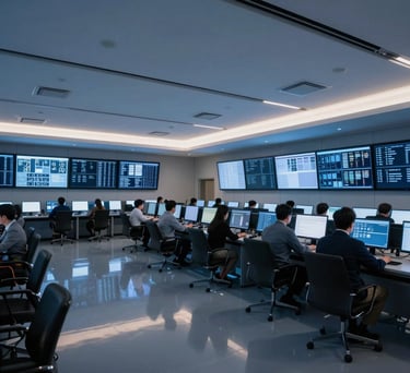 A wide-angle interior shot of a data-driven command center in a US city, with clean lines and soft blue ambient lighting reflecting off polished surfaces.