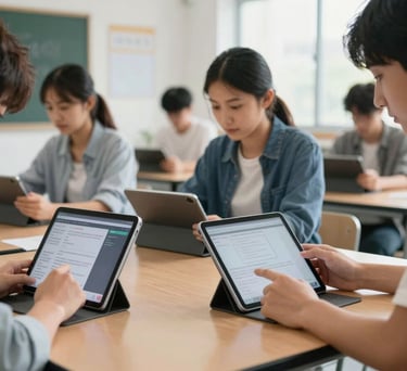 A North American classroom scene showing young adults using advanced tablet technology and collaborative software in a brightly lit, modern educational environment.