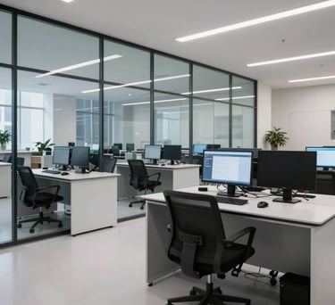 A clean, minimalist interior of a high-tech university research center in a US city, featuring glass walls and sophisticated computer workstations.