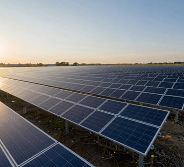 A wide-angle, professional photograph of a modern North American solar energy farm at sunrise, symbolizing clean innovation and future-ready infrastructure.