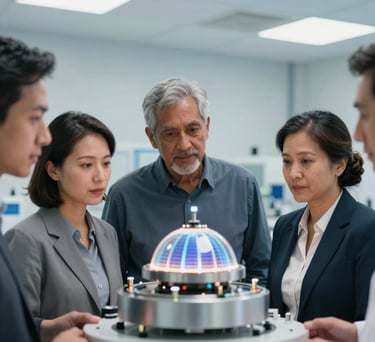 A close-up of a group of diverse North American professionals in a clean, high-tech research facility, examining a sustainable energy prototype under cool, bright lighting.
