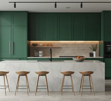 cocina con puertas lacadas verde oliva y encimera dekton en Santa Fé, Granada