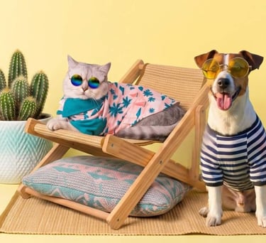 A stylish cat and dog wearing sunglasses and summer clothes lounging on a beach chair by a cactus.