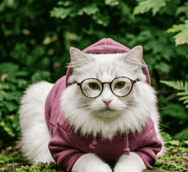 Gato de apariencia Ragdoll blanco, con gafas y sudadera morada, recostado sobre una roca en un bosque
