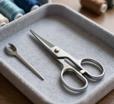 A close-up photograph of a modern, organized sewing kit in a North American home, with high-quality steel scissors neatly placed on a light gray felt tray.