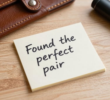 A close-up of a hand-written note that says 'Found the perfect pair' resting on a light-colored wooden desk next to a leather tool roll. North American / US setting, professional and warm.