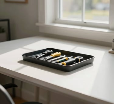 A bright, clean home office in a North American suburban house, showing a minimalist desk with a designated tray for essential cutting tools, soft natural morning light.