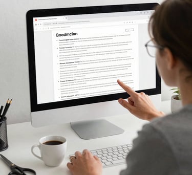 A lifestyle photograph of a professional at a desk reviewing a blog post on a screen, with a cup of coffee and a pair of scissors nearby. Clean, bright, and modern North American / US aesthetic.