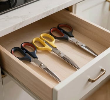 A detailed shot of a custom-designed drawer organizer in a modern North American kitchen, holding various craft scissors in perfect alignment.