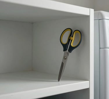A minimalist North American laundry room with a dedicated shelf for utility scissors, showcasing clean lines and practical accessibility.