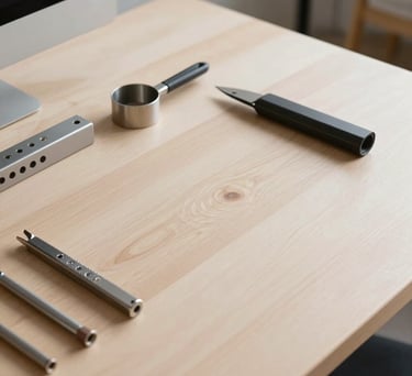 A clean, high-angle shot of a minimalist workstation in a North American design studio, featuring light wood textures and organized metal tools.