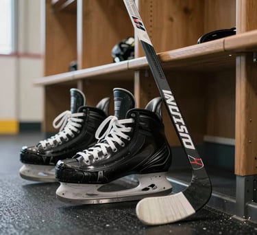 A close-up photograph of high-end ice skates and a composite hockey stick leaning against a locker room bench in a North American / US Southern university sports facility, soft light from a nearby window, professional athletic atmosphere.