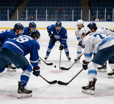 A dynamic shot of a team huddle on the ice before a game. Players are wearing royal blue and pale white jerseys. Low-angle perspective looking up at the team, conveying unity and sportsmanship. North American / US Southern arena background.