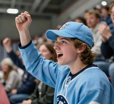 A shot of a young fan wearing a sky blue team cap, cheering in the stands of a collegiate rink. The background shows a blurry crowd and professional sports lighting. North American / US Southern context.