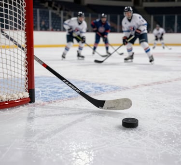 An action shot from a low angle showing a collegiate hockey puck gliding across crisp white ice towards a net, with the blurred movement of players in the background, sharp focus on the texture of the ice, North American / US Southern stadium lighting.