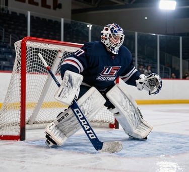 A goalie in full dark navy gear poised in the crease of a hockey rink. The ice is smooth and clean, catching the glare of the overhead arena lights. North American / US Southern hockey tournament atmosphere.