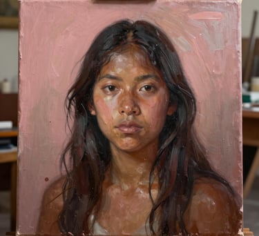 A close-up photograph of an oil painting on a canvas in a South American studio, with soft light highlighting textures of dusty rose and dark brown pigments.