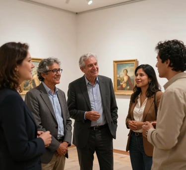 A candid photograph of a small group of South American / Brazilian adults engaged in an animated discussion about a piece of art in a well-lit art gallery or cultural center. They are diverse, smiling, and appear intellectually stimulated. Soft, inviting ambient light. Elegant and sophisticated style, capturing a moment of cultural enrichment.