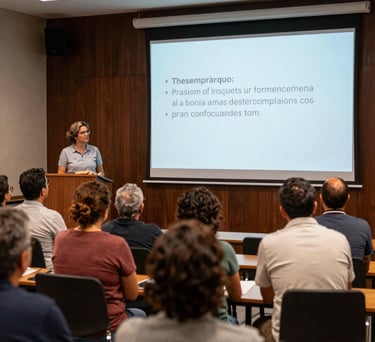 A photograph of a group of adults engaged in a workshop, looking at a digital projection in a dark brown paneled room in a Brazilian cultural center.