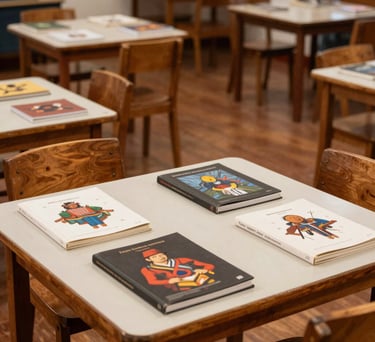 An interior shot of a South American cultural center classroom with wooden furniture, warm brown floors, and art books arranged neatly on off-white tables.