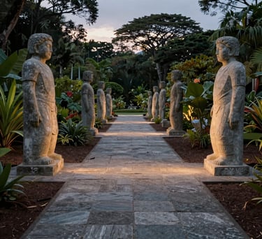 A serene photograph of a South American sculpture garden at dusk, with soft lighting highlighting paths of light gray stone and dark brown earth.