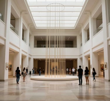 A wide shot of a modern Brazilian art museum lobby with high ceilings, elegant off-white architecture, and people admiring a large installation.