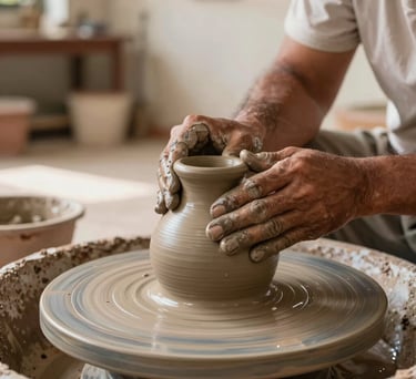 A detailed shot of a potter's hands shaping a clay vessel in a bright Brazilian workshop, with a warm brown and taupe color palette and natural sunlight.