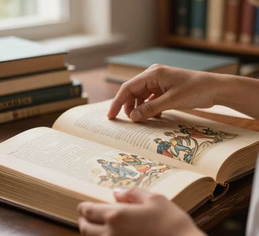 A close-up photograph of a South American / Brazilian student's hands gently turning the pages of an old, beautifully illustrated art history book in a sunlit library. Soft, warm natural light coming from a window, creating subtle highlights on the book and hands. The background is softly blurred with more books. Elegant and inspiring style.