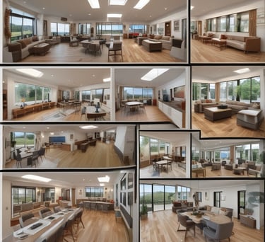 An open brochure spread showing detailed project visuals