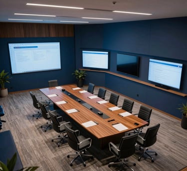 An aerial-style shot of a large corporate board room in Sao Paulo, Brazil. Modern, professional setting with deep blue accents and high-tech presentation screens. Professional photography.