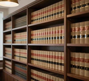 Detail shot of a modern Brazilian law office library, featuring dark wood shelves, gold-colored lighting fixtures, and organized legal volumes in a clean, professional layout.