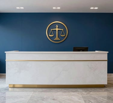 A sophisticated reception area of a Brazilian law firm. Deep blue walls with a back-lit gold logo. Minimalist, light gray stone floors. Professional and welcoming atmosphere.