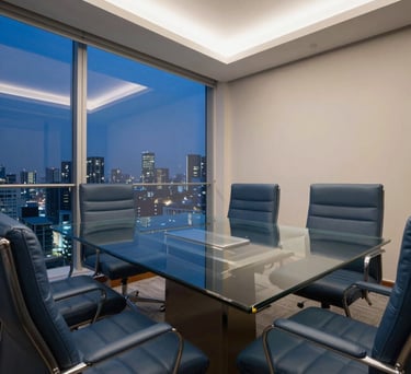 Interior shot of a private meeting room in a high-end Brazilian office. A large glass table reflects the evening city lights. Slate blue leather chairs and professional lighting.