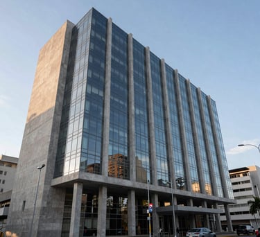 An architectural shot of a modern courthouse in a South American city, glass and concrete design under a clear sky, highlighting transparency and justice.