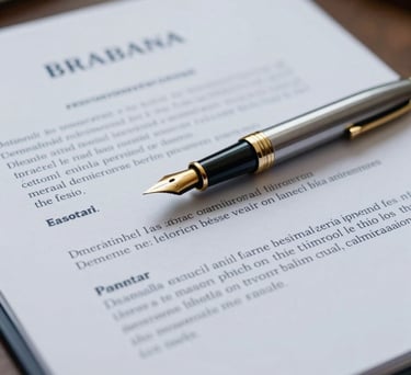 A close-up photograph of a formal Brazilian legal document with a golden fountain pen resting on it, soft natural light, professional steel blue and white tones.