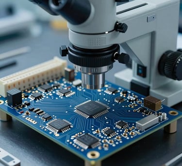 A highly detailed close-up of a modern circuit board under a diagnostic microscope in an engineering workshop. Soft lighting in authoritative blue and slate tones, showcasing clean technical tracks, solder points, and microchips. Authentic professional lab environment.