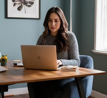 Mujer trabajando desde casa con laptop en un ambiente tranquilo, ideal para representar recursos de 