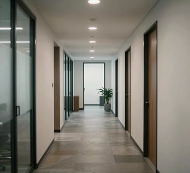 A view of a modern, quiet North American office hallway with soft lighting and neutral tones. The atmosphere is serious, calm, and private.