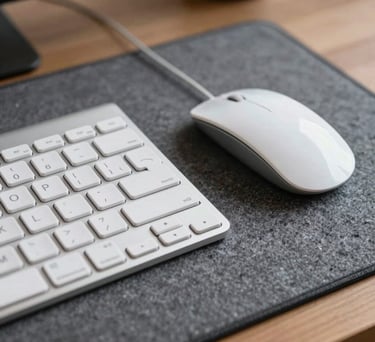 A close-up shot of a professional white keyboard and a mouse on a grey felt mat. The focus is on the cleanliness and precision of the workspace in a North American setting.