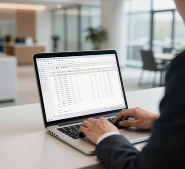 A professional photograph of a person in business attire working on a laptop in a bright, modern North American office lobby; the screen shows a clean spreadsheet, not flashy graphics.