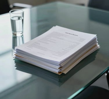 A photograph of a glass conference table in a North American office, showing a stack of organized files and a glass of water, reflecting a calm and serious atmosphere.