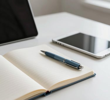 A minimalist photograph of a clean, organized desk with a notebook, a muted blue pen, and a tablet in a bright North American room, focusing on a sense of order and peace.