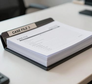 A high-quality close-up photograph of a professional, thick paper document folder with 'CASE FILE' printed on the tab, resting on a clean white desk in a North American corporate office.