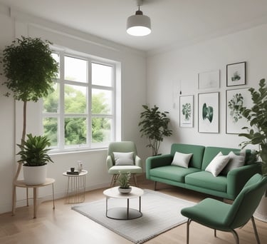 a living room with a green couch and a table