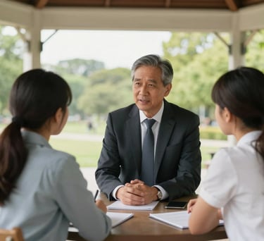 A mentorship session in a bright, modern North American park pavilion, an older professional talking with two younger students, inspiring mood.