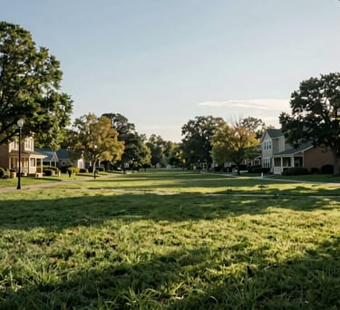 A peaceful landscape of a well-maintained public park in a US suburb, representing community strength and shared public spaces, with soft afternoon sunlight.