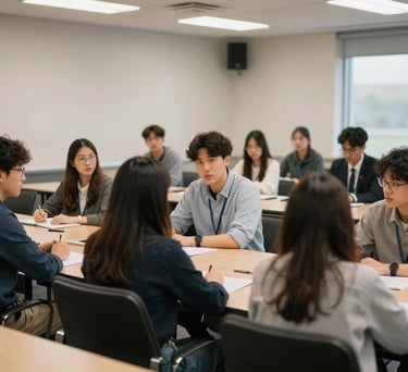 A diverse group of young adults engaged in a leadership workshop in a modern US university seminar room, focused and collaborative atmosphere.