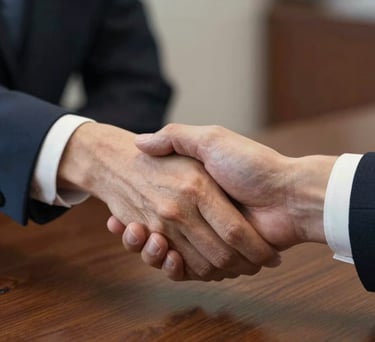 A close-up of hands shaking in a formal agreement, dark navy suit sleeves visible, soft focus on a mahogany table, distinguished and professional atmosphere.